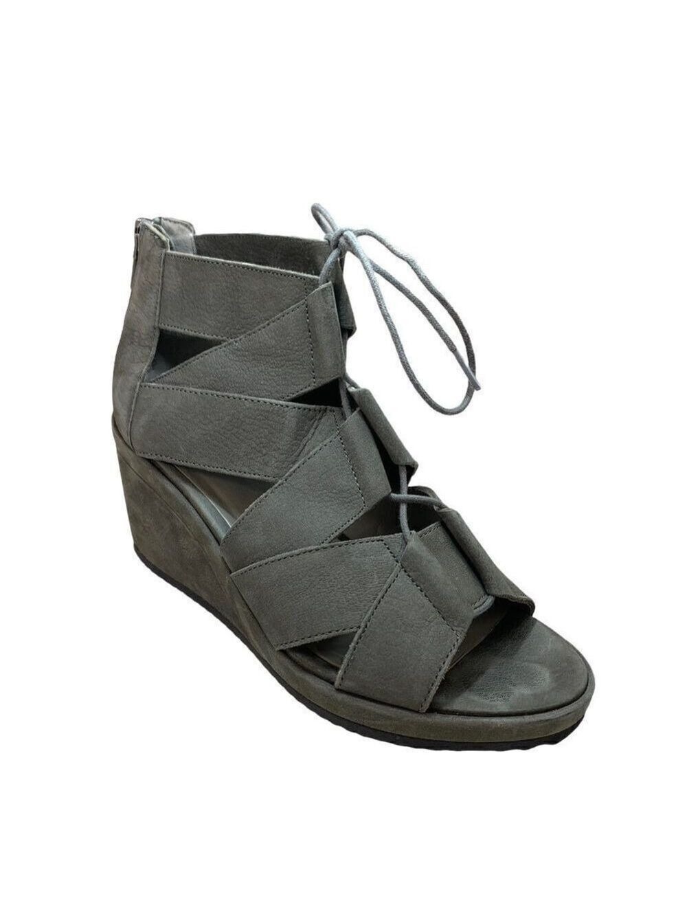Eileen Fisher Dibs Gray Nubuck Leather Wedge Lace Up Sandals 6.5